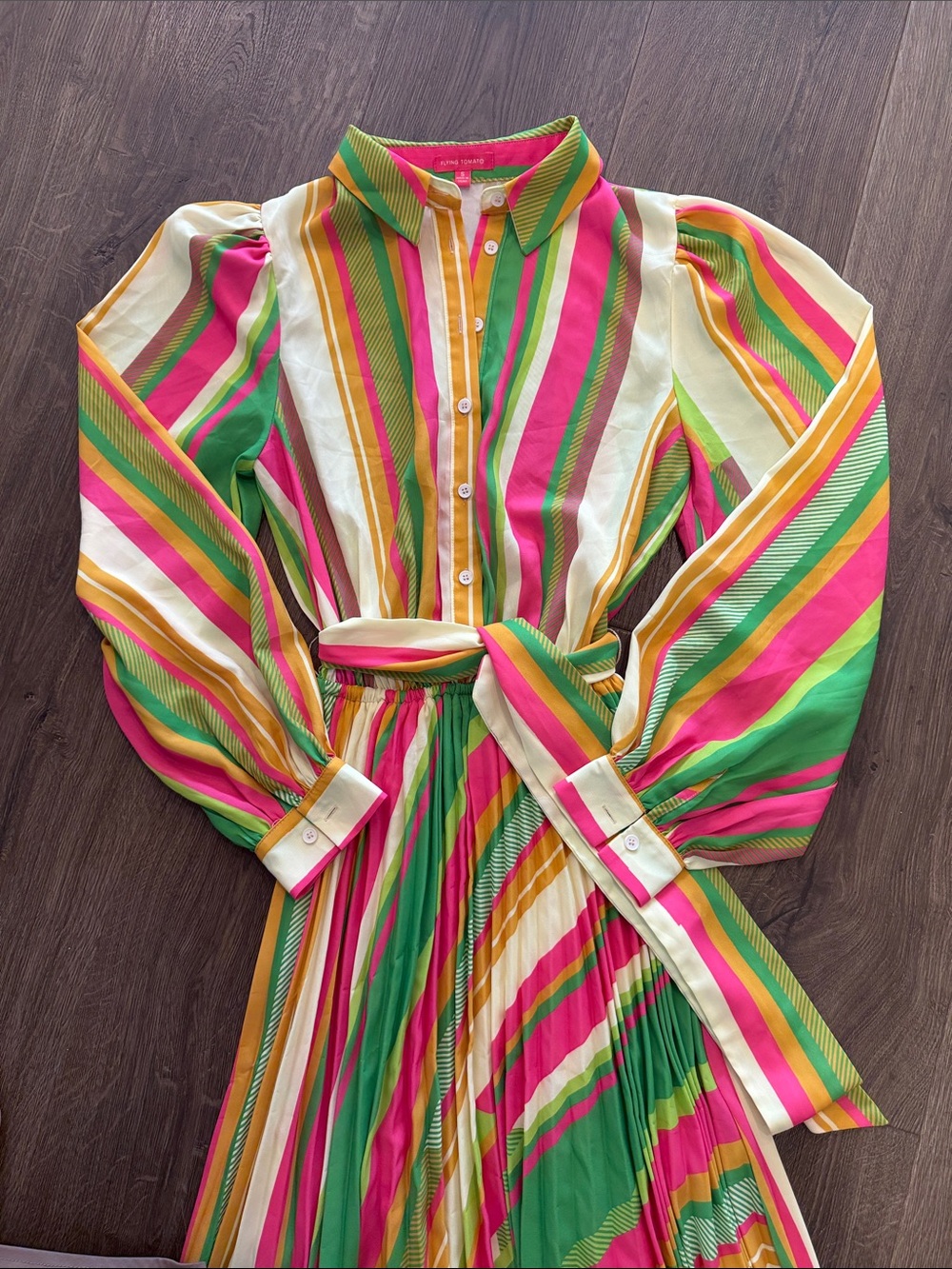 Flying Tomato Rainbow Stripe Pleated Maxi Dress Long Puff Sleeve Tie Waist Small - Picture 3 of 11